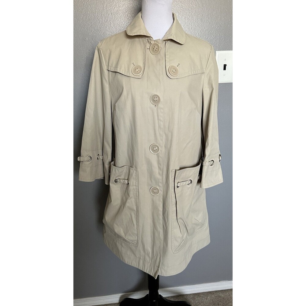 Nine West Beige Button Up Trench Coat Sz M Rain Jacket 3/4 Bell Sleeve Pockets